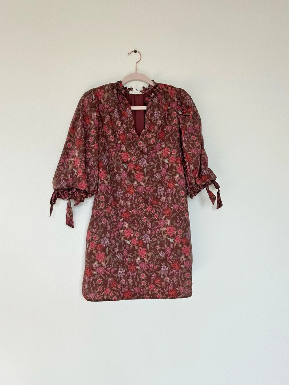 Entro Brown Floral Poplin Mini Dress with Ribbon Detail - Picture 2 of 7